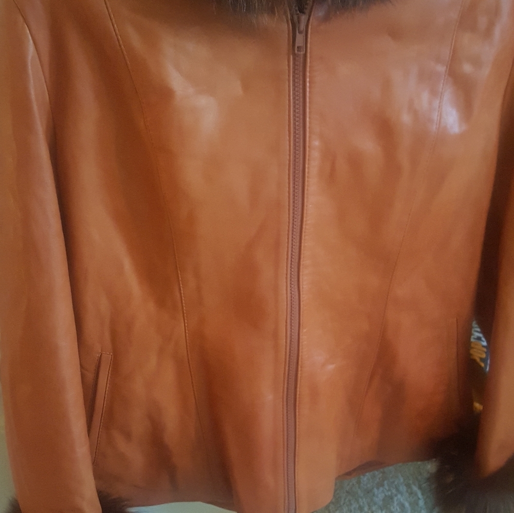 NWT Bergama Orange Genuine Fur & Leather Hooded Jacket Coat Outerwear